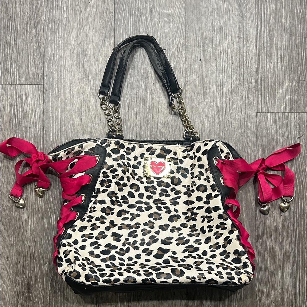 Betsey Johnson Leopard Print Shoulder Bag with Pink Ribbons